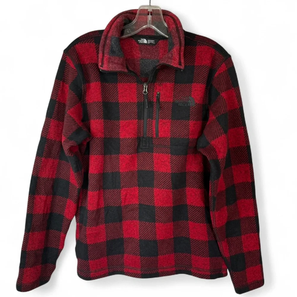 North Face Mens Small Red Black Buffalo Plaid Fleece 1/4 Zip Pullover Cozy